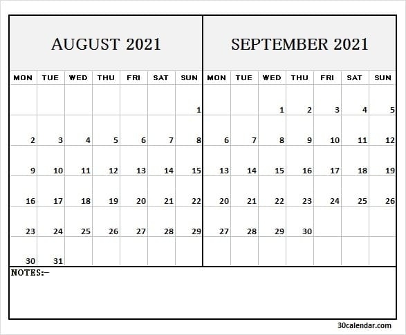 Aug Sep 2021 Calendar With Notes - 2021 Calendar Page August And September 2021 Calendar