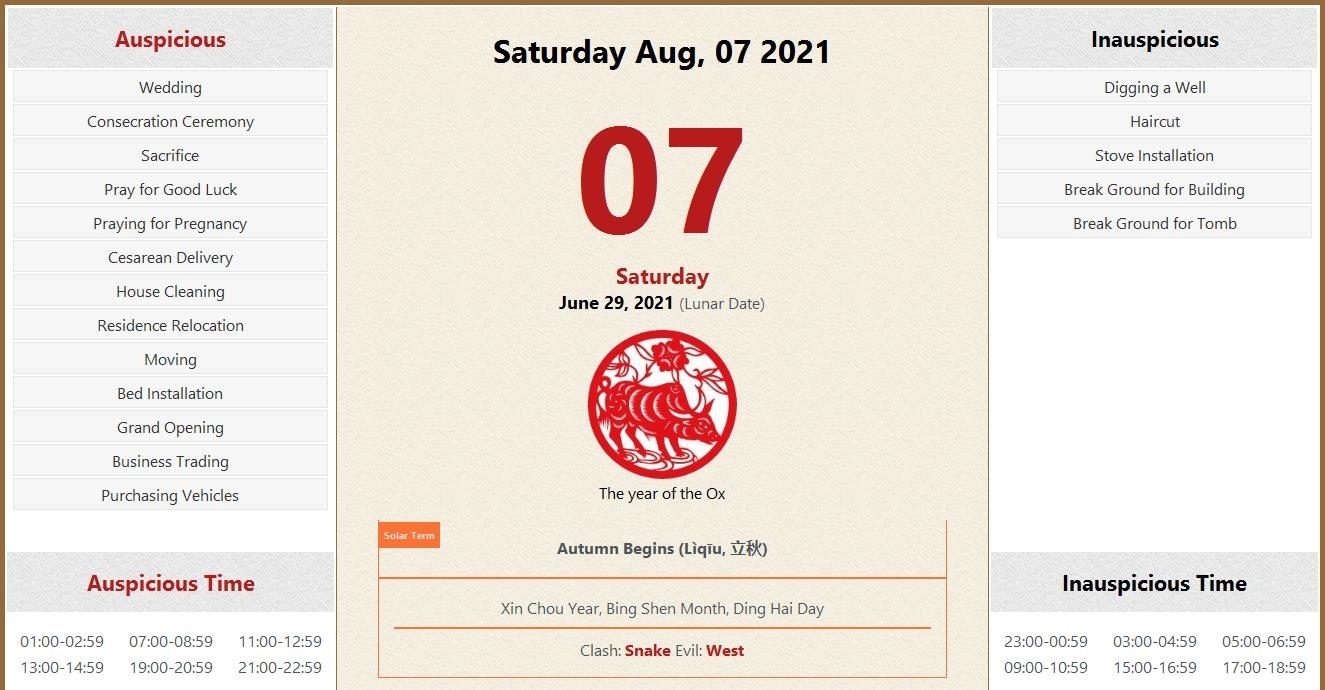 August 07, 2021 Almanac Calendar: Auspicious/Inauspicious Events And Time, Zodiac, Lucky Direction August Dates 2021