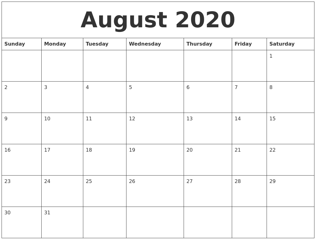 August 2020 Calendar August 2020-August 2021 Calendar