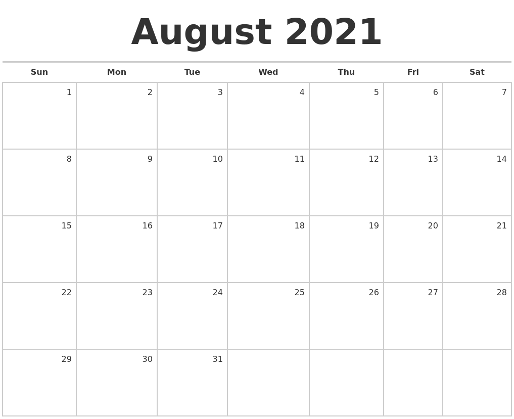 August 2021 Blank Monthly Calendar August 2021 Calendar Images