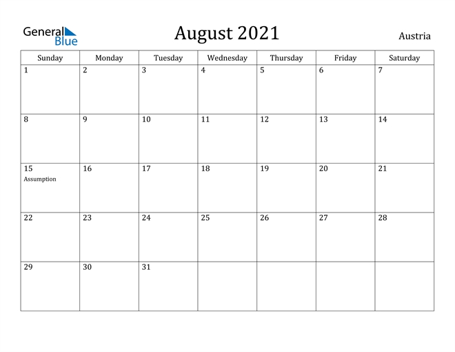August 2021 Calendar - Austria August 2020-August 2021 Calendar