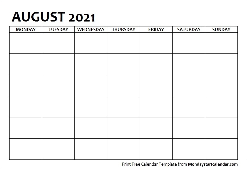 August 2021 Calendar Blank Template To Print | Starting From Monday Blank August 2021 Calendar