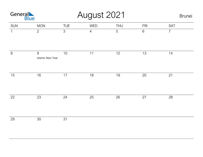 August 2021 Calendar - Brunei National Calendar October 2021