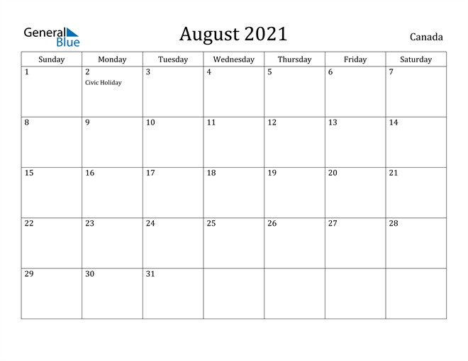 August 2021 Calendar - Canada August 2021 Calendar Philippines