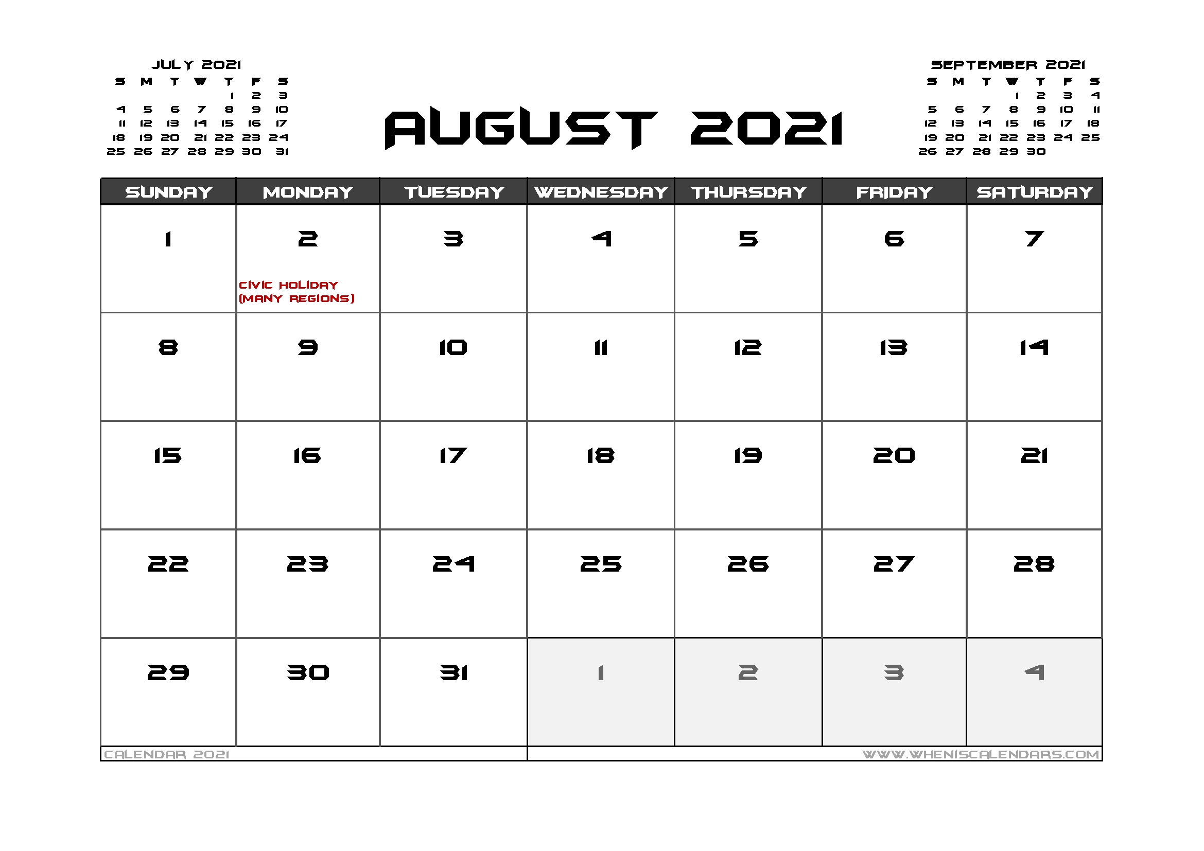 August 2021 Calendar Canada | Printable Calendars 2021 August 2021 Calendar Xl