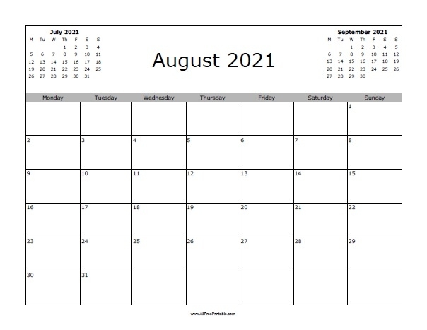 August 2021 Calendar - Free Printable - Allfreeprintable Calendar From August 2020 To June 2021