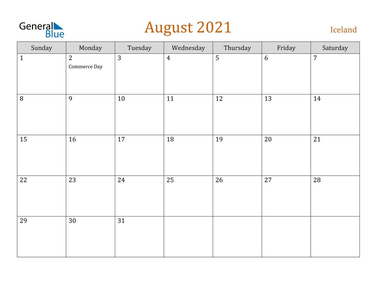 August 2021 Calendar - Iceland August 2021 Calendar Images