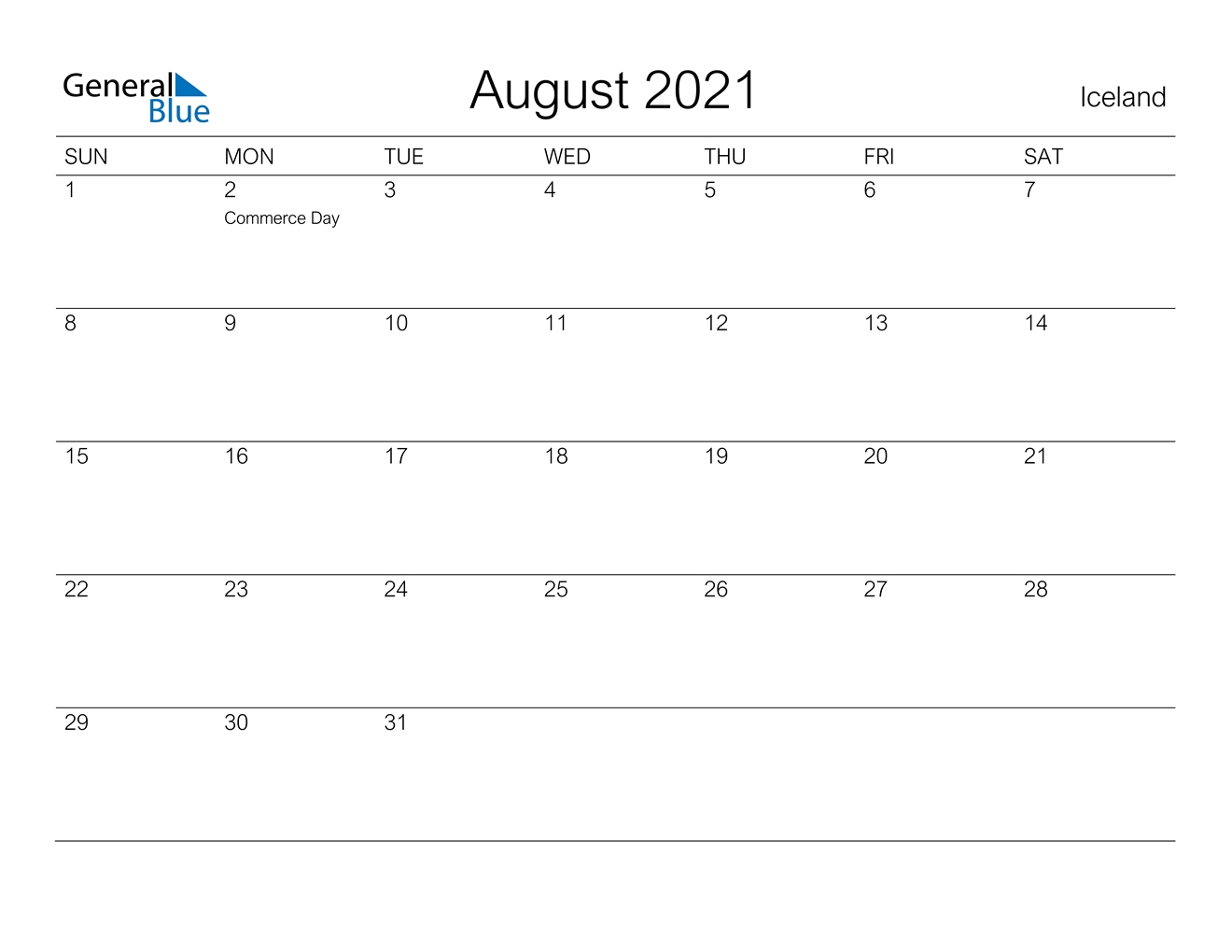 August 2021 Calendar - Iceland August 2021 Calendar To Print