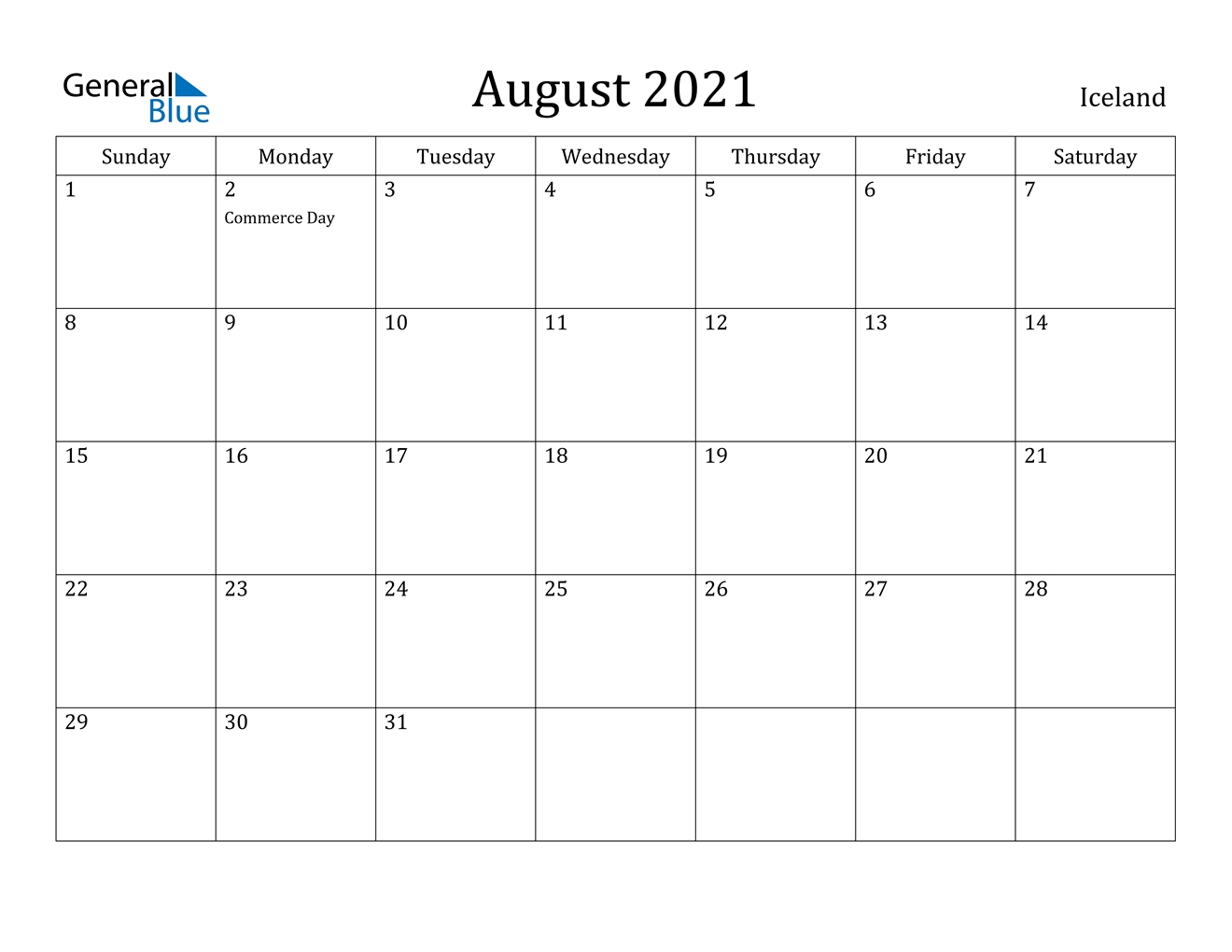 August 2021 Calendar - Iceland Free Printable August 2021 Calendar With Holidays