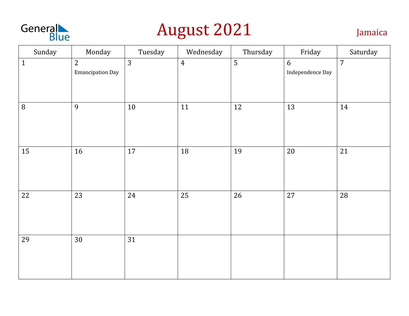 August 2021 Calendar - Jamaica August 2021 Calendar Template Word