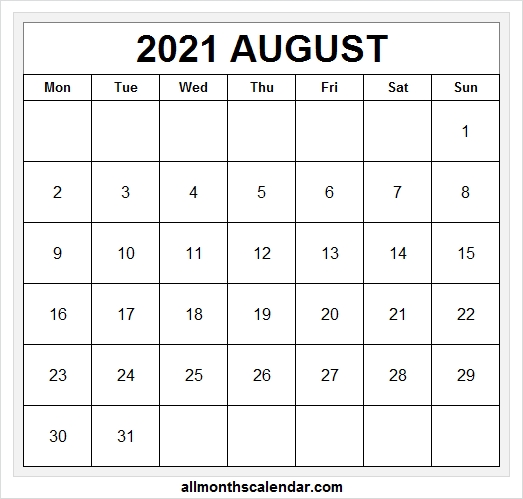 August 2021 Calendar Mon To Fri - Printable Aug 2021 Calendar August 2020-August 2021 Calendar