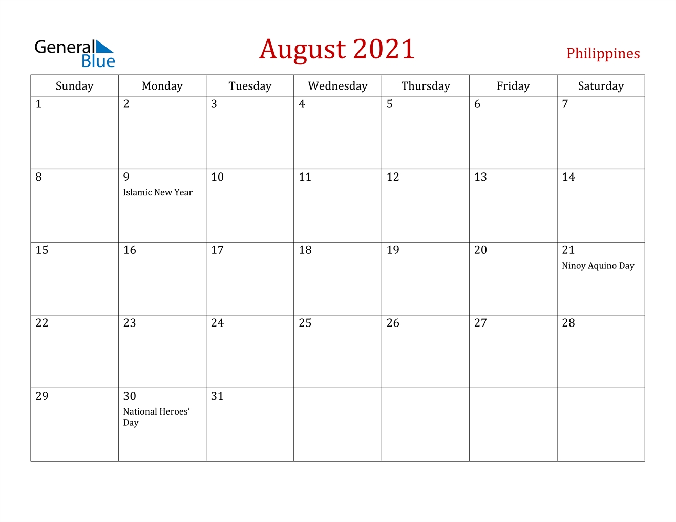 August 2021 Calendar - Philippines August 2021 Calendar Reading