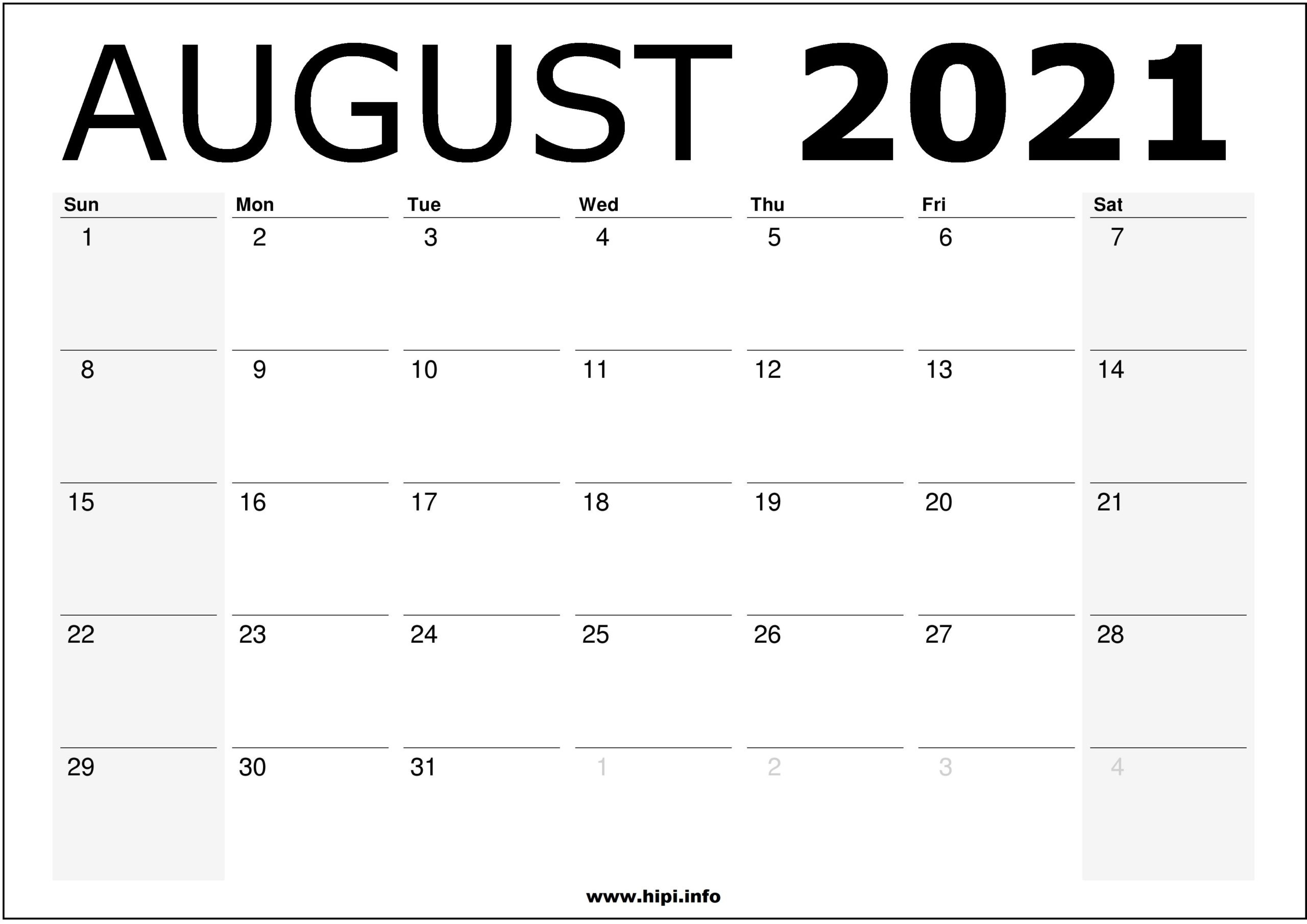 August 2021 Calendar Printable - Monthly Calendar Free Download - Hipi | Calendars August 2021 Calendar To Print