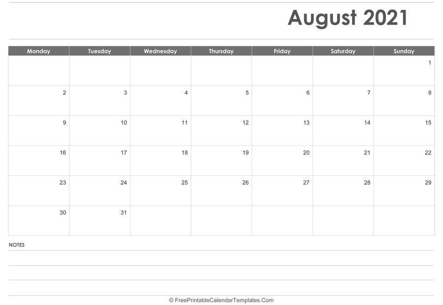 August 2021 Calendar Printable With Holidays August 2021 Calendar Starting Monday