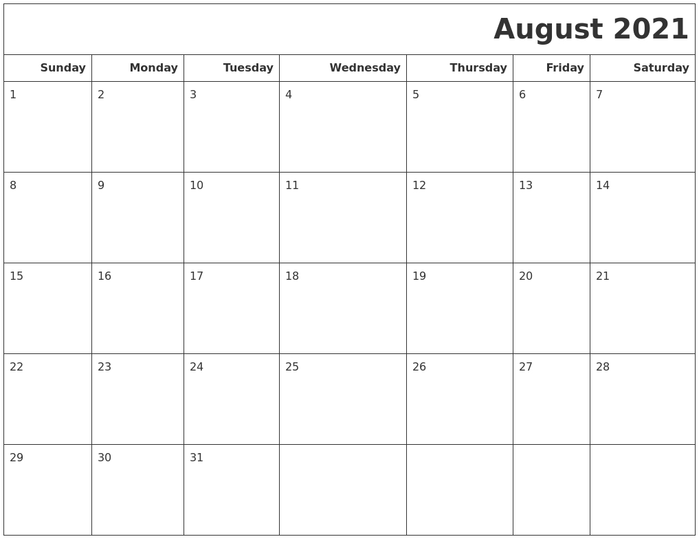 August 2021 Calendars To Print August 2021 Calendar Starting Monday