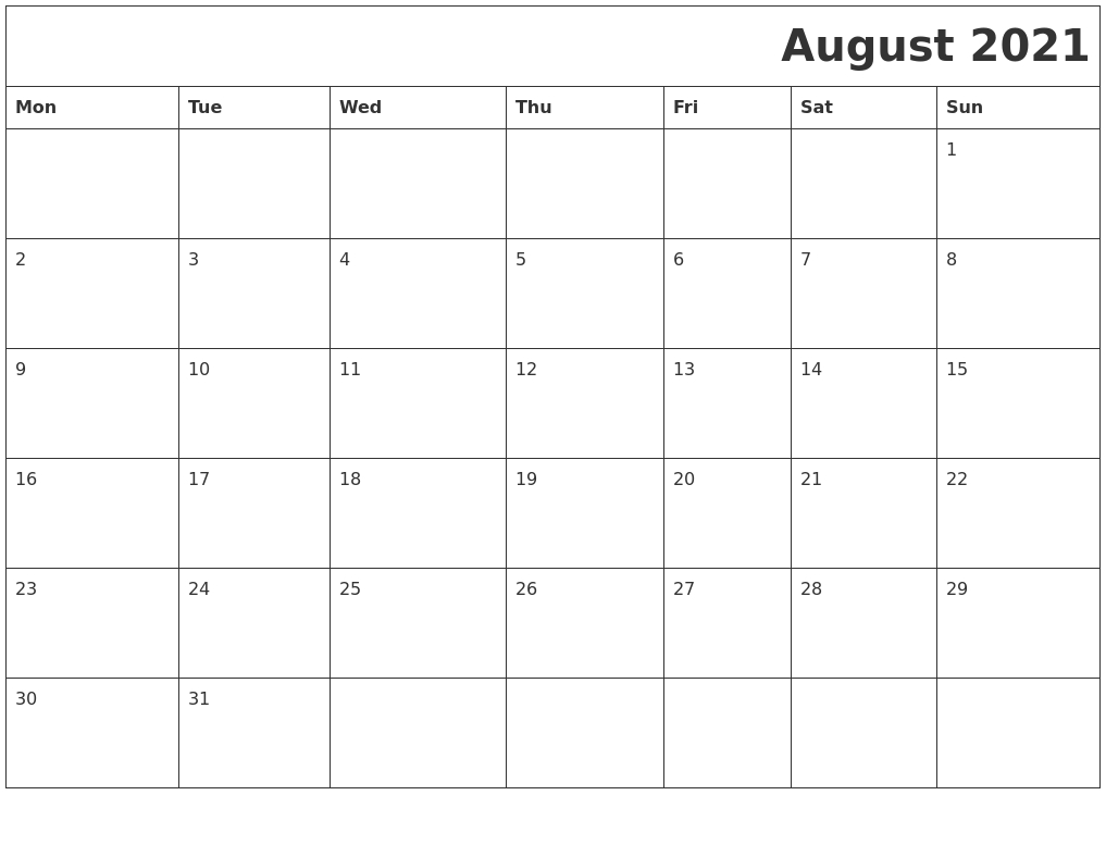 August 2021 Download Calendar August 2021 Calendar Reading