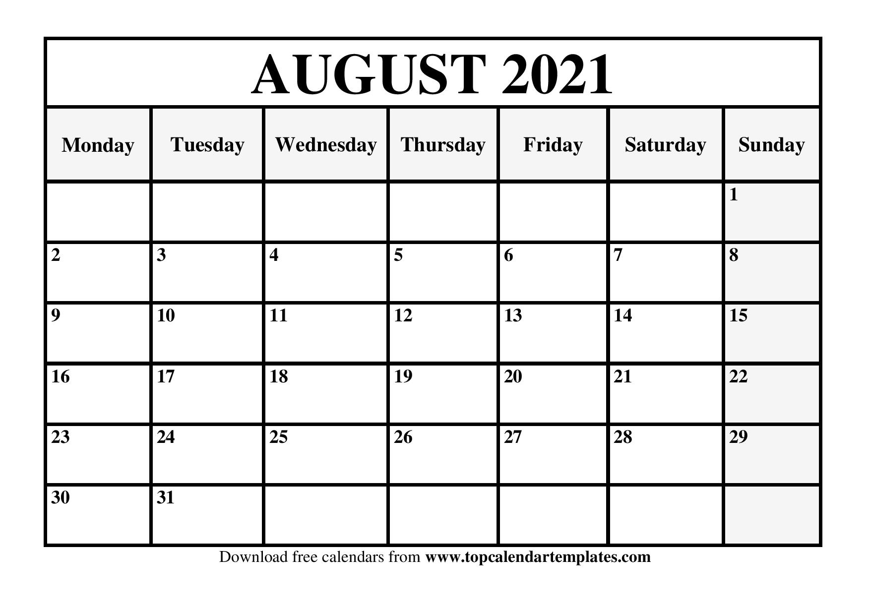 August 2021 Printable Calendar - Monthly Templates August 2020 To August 2021 Calendar
