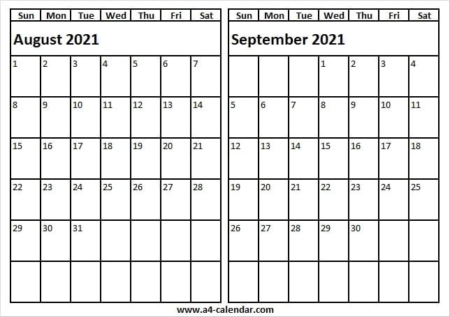 August September 2021 Calendar To Print - A4 Calendar Calendar For September And October 2021