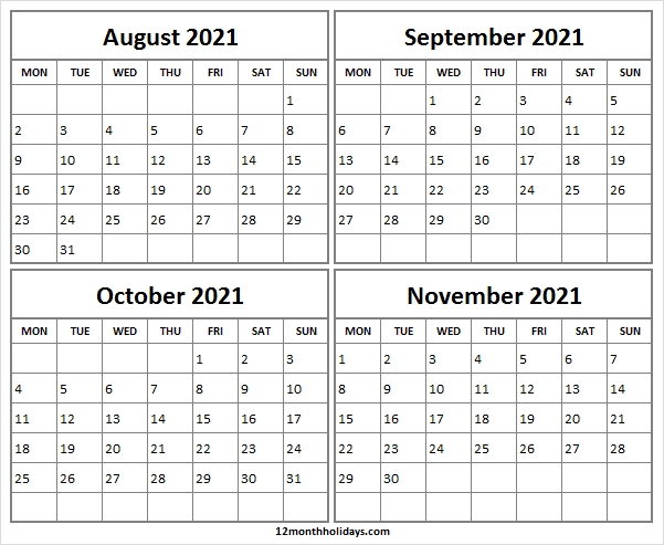 August To November 2021 Calendar Free | Editable 2021 Calendar August 2021 Editable Calendar