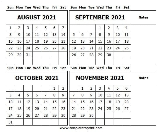 August To November 2021 Calendar Word | Printable 2021 Calendar August 2021 Editable Calendar