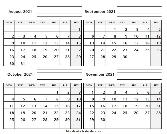 August To November 2021 Notes Calendar - Calendar 2021 August Notes August 2021 Calendar Starting Monday