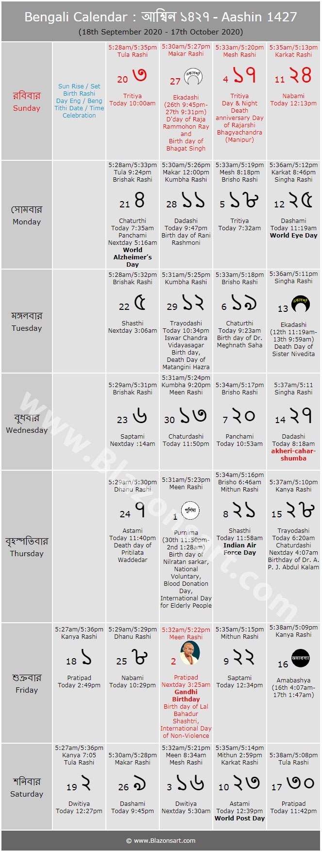Bengali Calendar - Aashin 1427 : বাংলা কালেন্ডার - আশ্বিন ১৪২৭ (18Th September 2020 - 17Th Bengali Calendar 2021 October