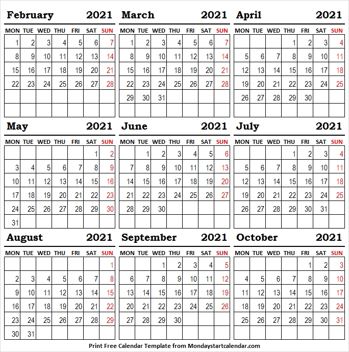 Blank Calendar 2021 February To October | Get Free Calendar Blank October 2021 Calendar