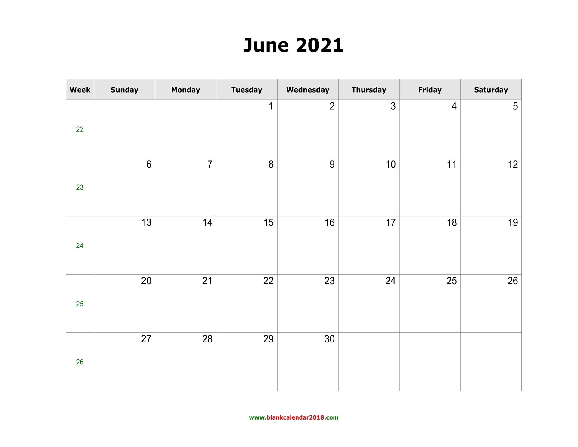 Blank Calendar June 2021 Landscape Blank June 2021 Calendar Pdf