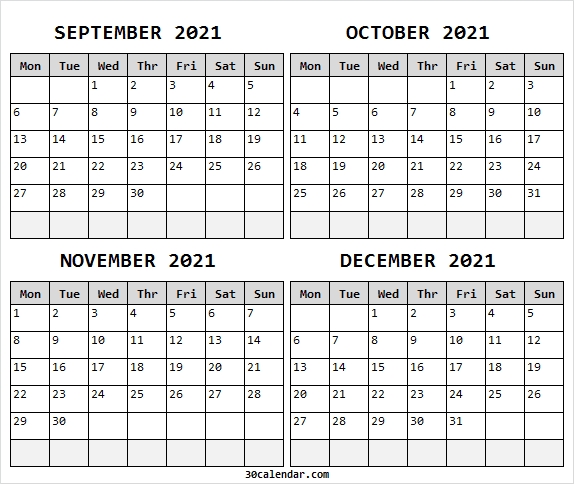 Blank September To December 2021 Calendar - Free 2021 Calendar Calendar September 2020 To February 2021