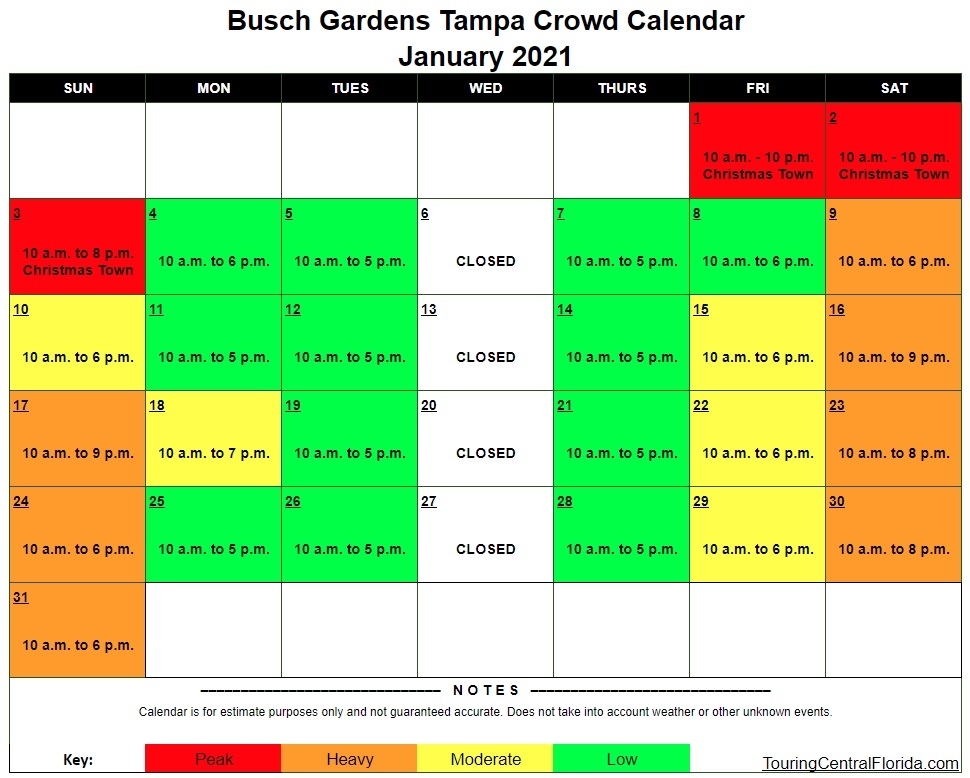 Busch Gardens Tampa - Crowd Calendar - January 2021 - 002 - Touring Central Florida December 2021 Disney Crowd Calendar