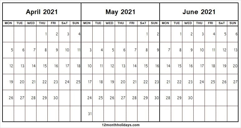 Calendar 2021 April To June With Notes | Free 2021 Calendars Blank April May June 2021 Calendar