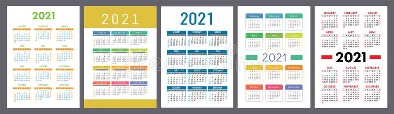 Calendar 2021 Collection Set. January, February, March, April, May, June, July, August September October November December 2021 Calendar