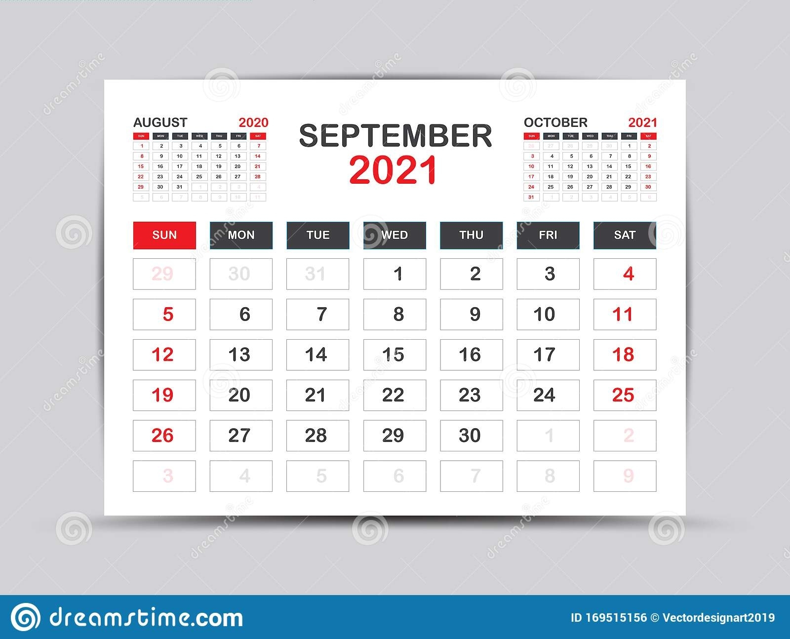 Calendar 2021 Template. September Page Vector For Calendar 2021 Template. Table, Wall, Desk September 2021 Calendar Starting Monday