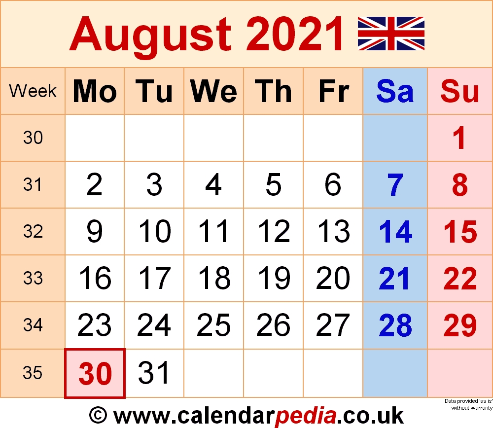 Calendar August 2021 Uk With Excel, Word And Pdf Templates August 2021 Calendar Template Word