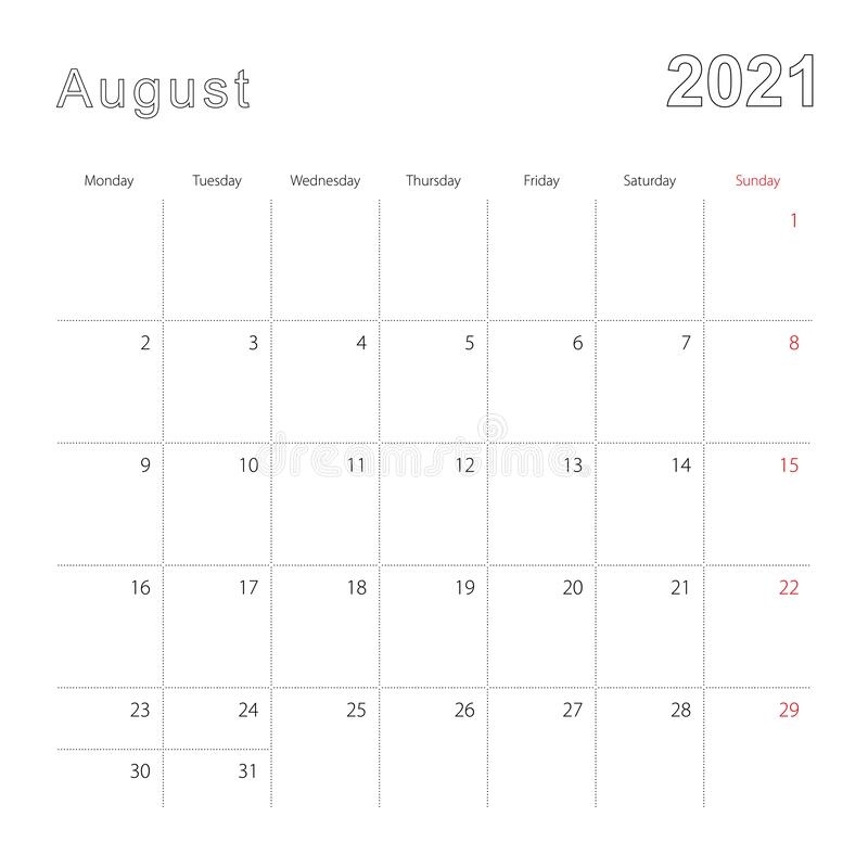 Calendar For August 2020, Blue Circle Design. English Language, Week Starts On Monday Stock 2021 August Calendar Festival