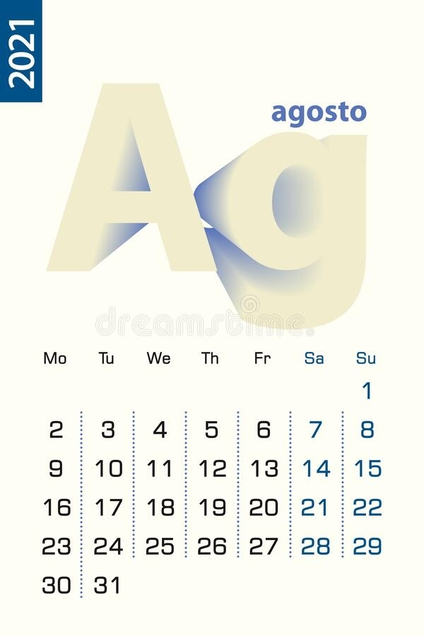 Calendar For August 2020, Blue Circle Design. English Language, Week Starts On Monday Stock August Dates 2021