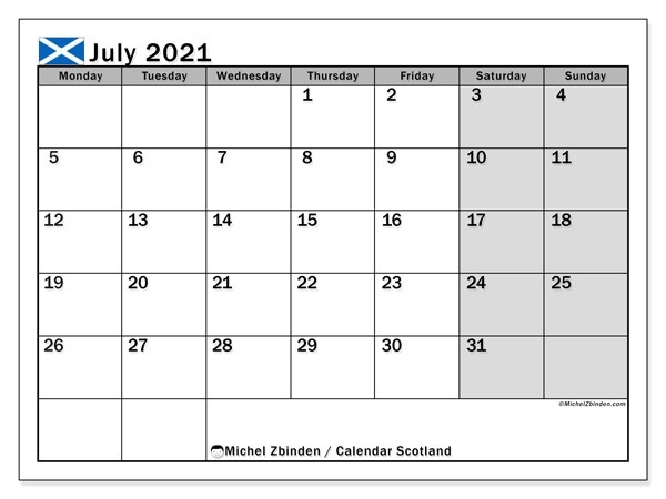 Calendar July 2021 - Scotland - Michel Zbinden En July 2021 Calendar With Holidays