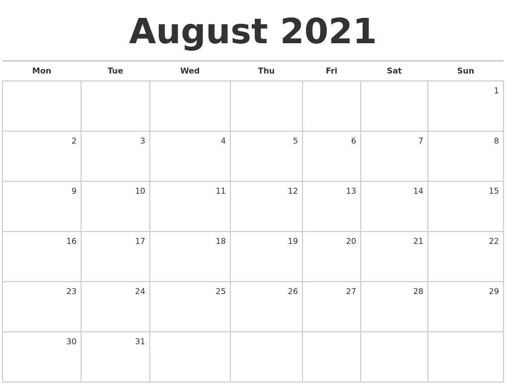 Calendar Monthly 2021 Printable August Full Page | Free Printable Calendar Monthly August 2020 To August 2021 Calendar