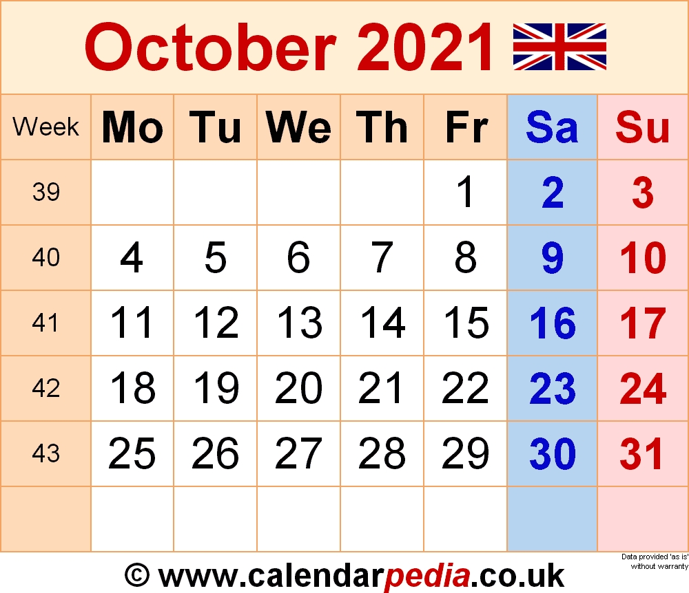 Calendar October 2021 Uk With Excel, Word And Pdf Templates October 2021 Calendar Free Printable