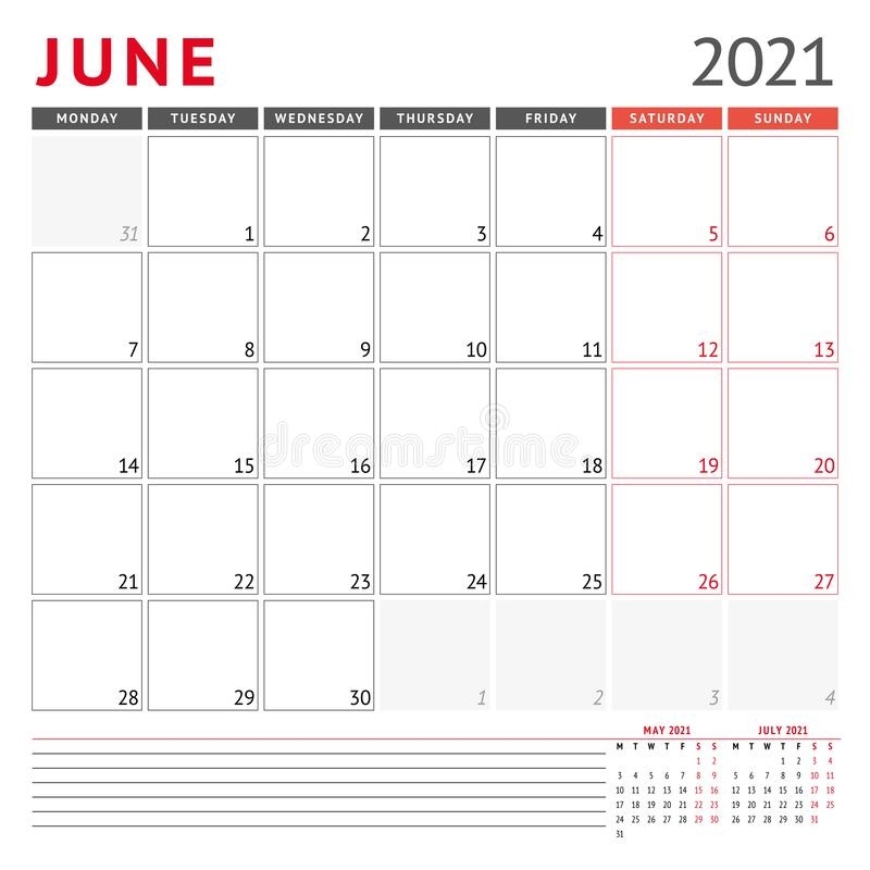 Calendar Template For June 2021. Business Monthly Planner. Stationery Design. Week Starts On June 2021 Calendar Monday Start