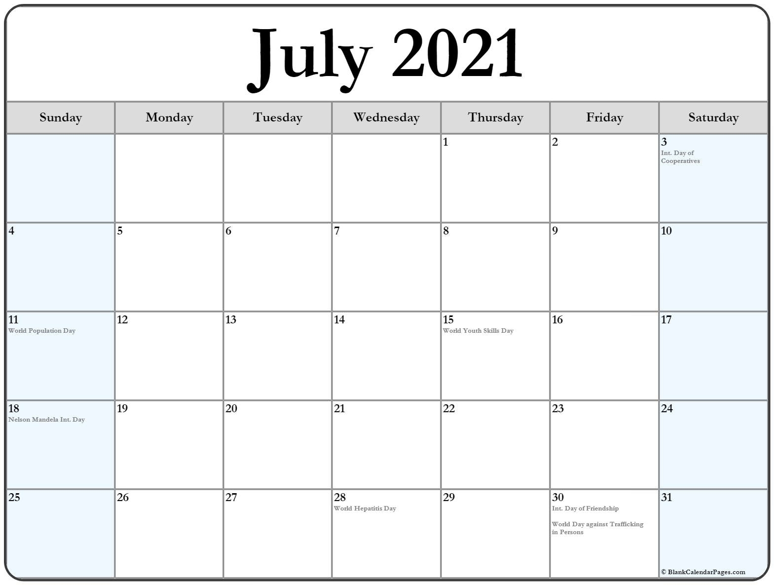 Collection Of July 2021 Calendars With Holidays Month Of July 2021 Calendar