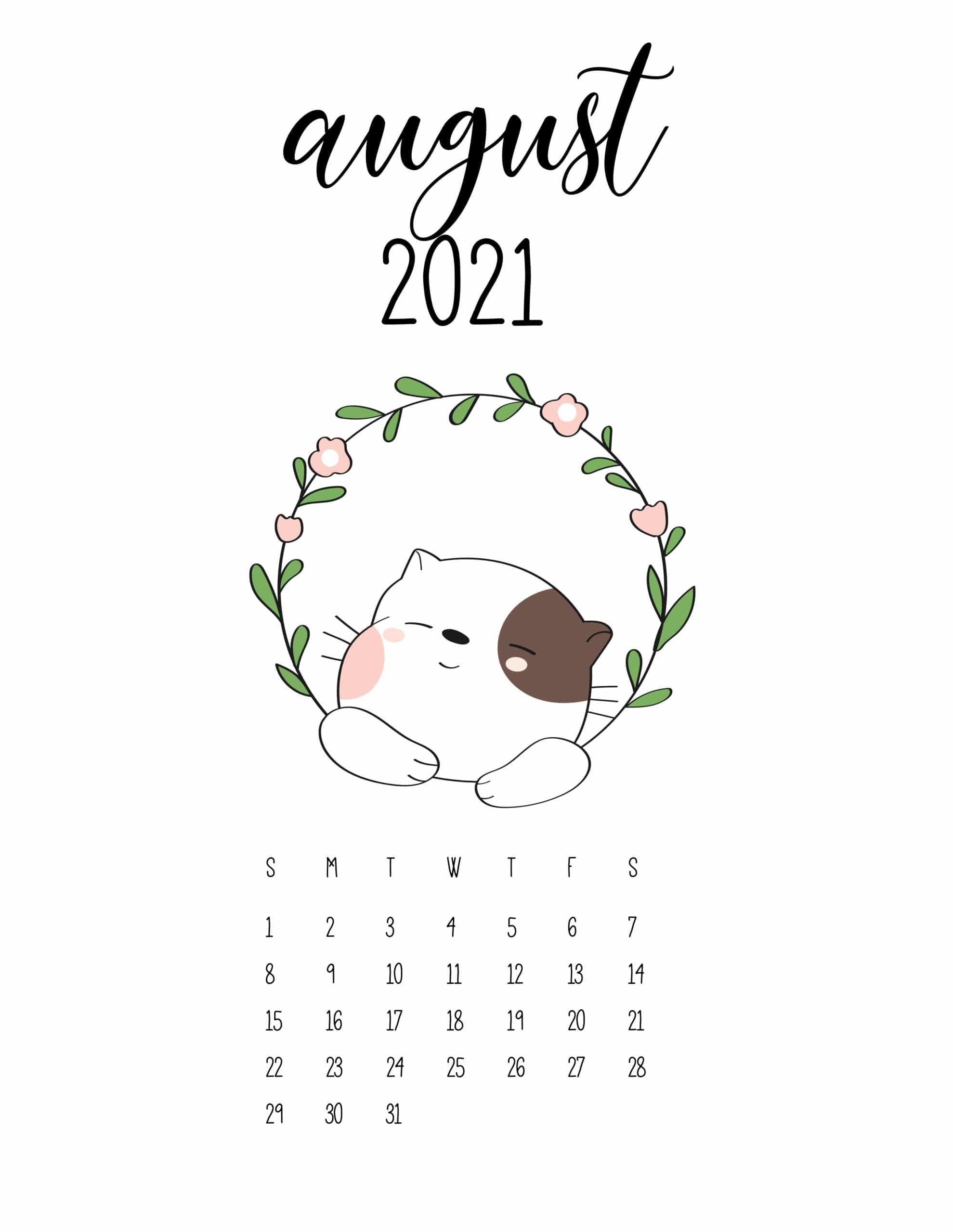 Cute Animals 2021 Calendar In Floral Frame - World Of Printables Cute August 2021 Calendar