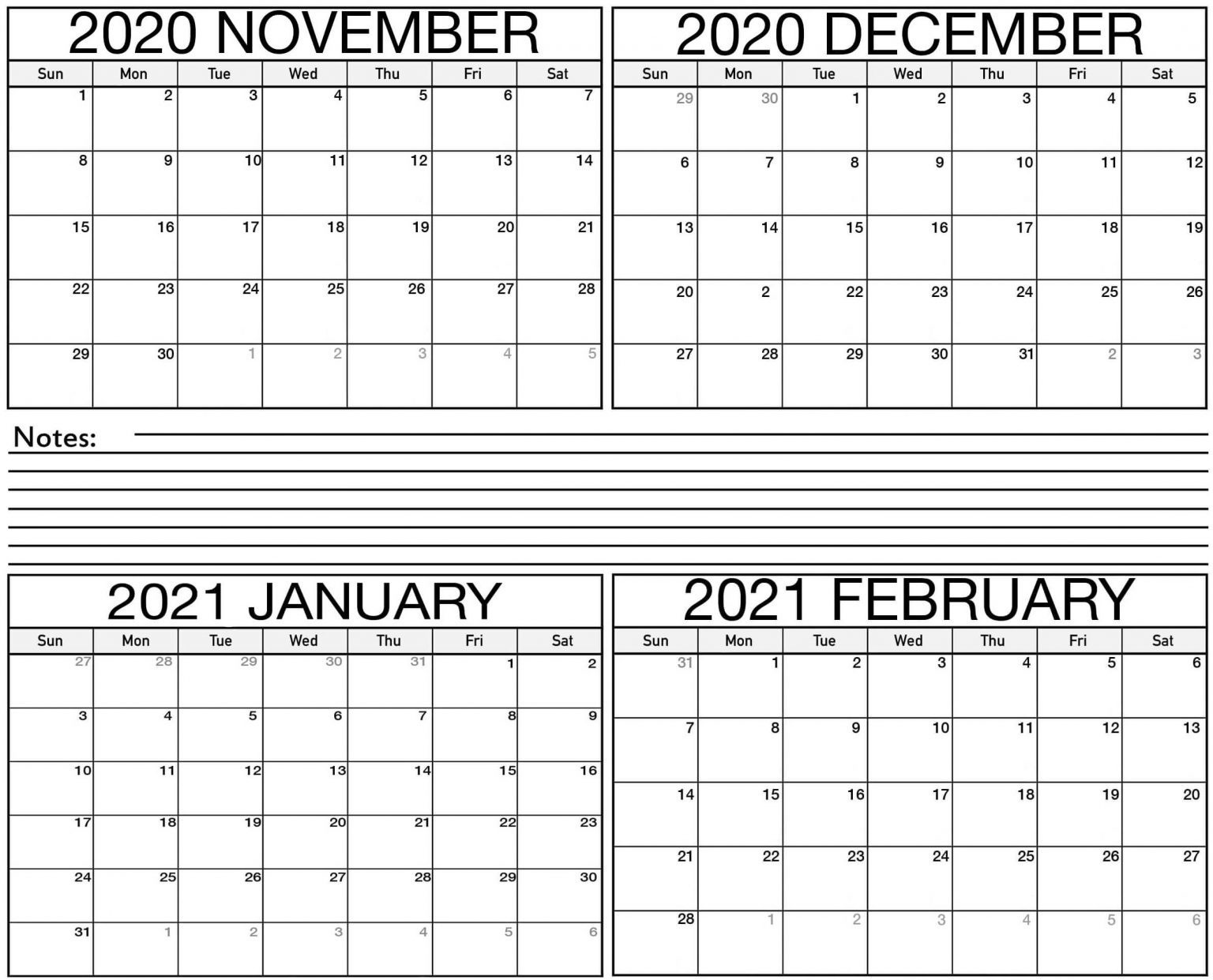 Cute November 2020 To February 2021 Calendar Excel With Notes - One Platform For Digital November 2020 - February 2021 Calendar