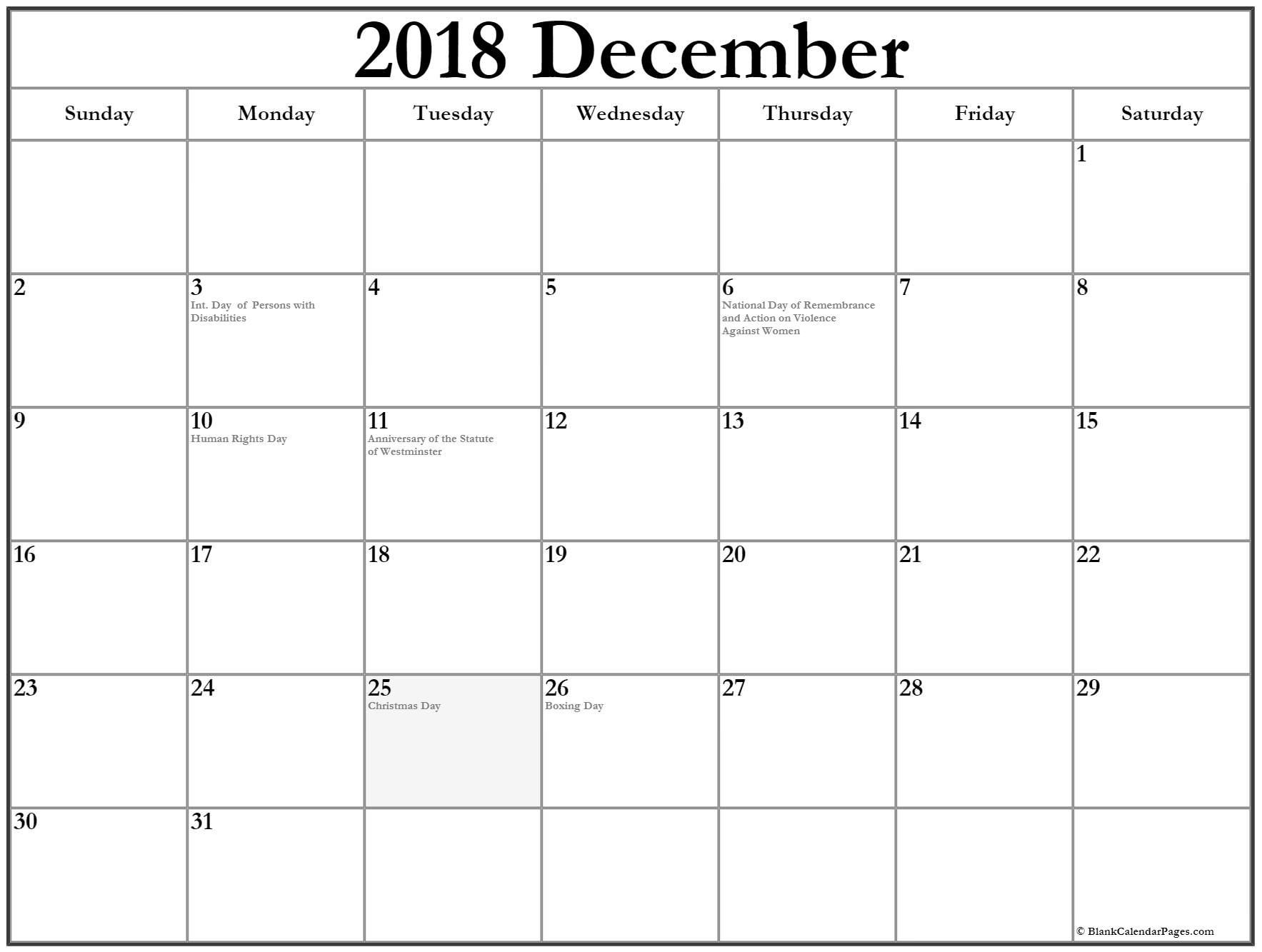 December 2018 Canadian Calendar | Holiday Calendar, 2018 Holiday Calendar, Canadian Calendar Daily Calendar December 2021