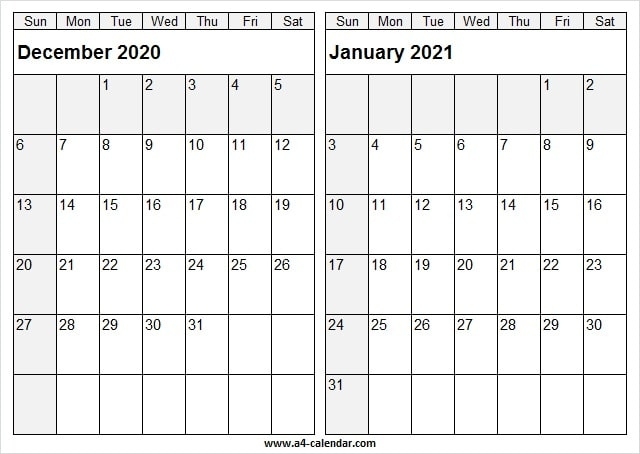 December 2020 January 2021 Calendar A4 Size - To Do List December 2020 January 2021 Calendar Printable