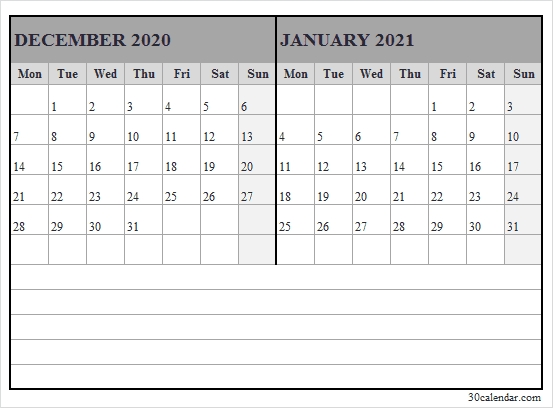 December 2020 January 2021 Calendar Excel - Editable Calendar 2020 December 2020 January 2021 Calendar Word