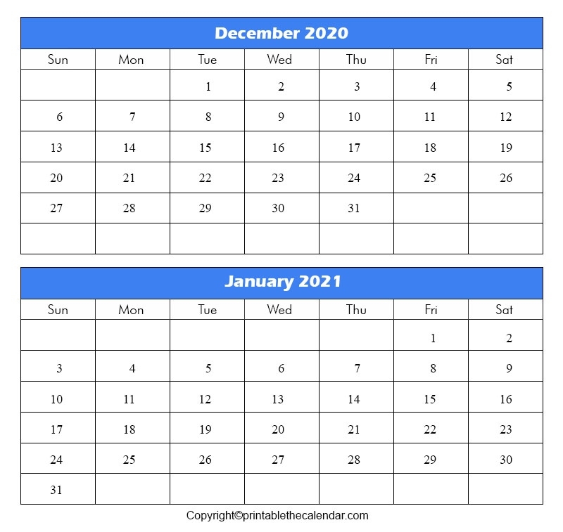December 2020 January 2021 Calendar [Free Printable Template] | Printable The Calendar Printable Calendar December 2020 January 2021