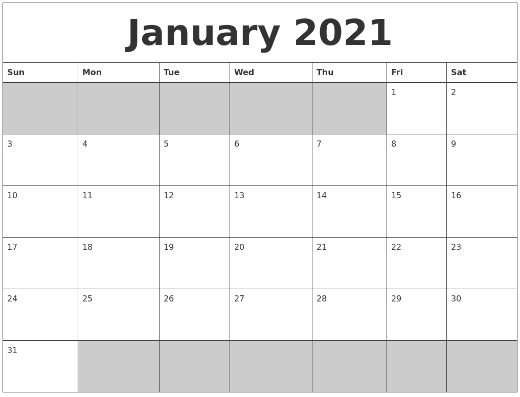 December 2020 Printable Blank Calendar 2021 December January Calendar