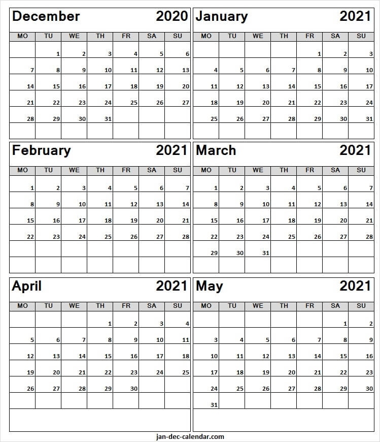 December 2020 To May 2021 Blank Calendar - Month Of Dec 2020 December 2020 January 2021 Calendar Printable