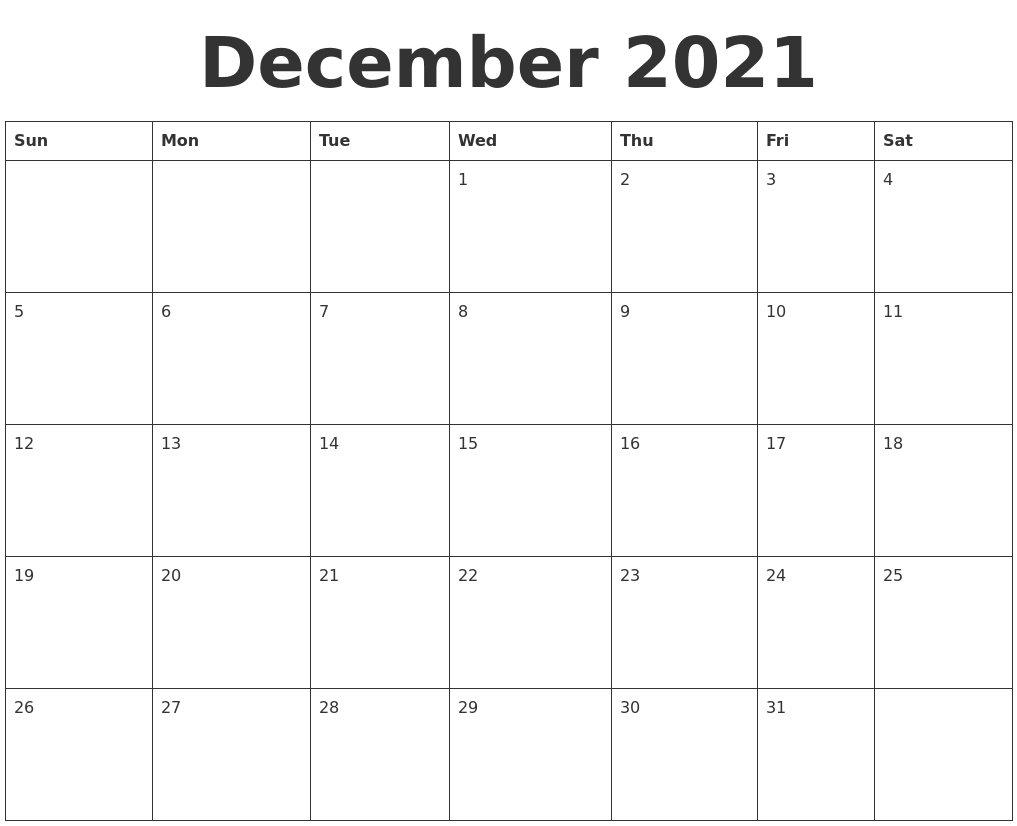 December 2021 Blank Calendar Template December 2021 Calendar Holidays